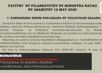 CORONAVIRUS : Notohizana 15 andro indray ny hamehana ara-pahasalamana