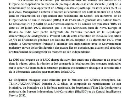DOSSIER « ILES EPARSES » – Madagascar annonce un soutien unanime des pays de la SADC dans sa revendication des « Iles malgaches de l’océan Indien »