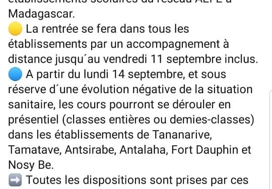 ÉDUCATION – Rentrée scolaire fixée au 1er Septembre pour les établissements scolaires français