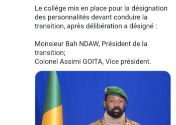 AFRIQUE – L’ex-ministre de la Défense Bah Ndaw désigné président de transition du Mali, Assimi Goita nommé vice-président