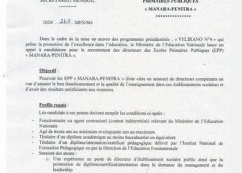 EDUCATION – Recrutement de directeurs pour dix écoles primaires publiques « manara-penitra » dans dix régions