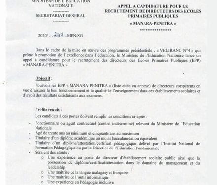 EDUCATION – Recrutement de directeurs pour dix écoles primaires publiques « manara-penitra » dans dix régions
