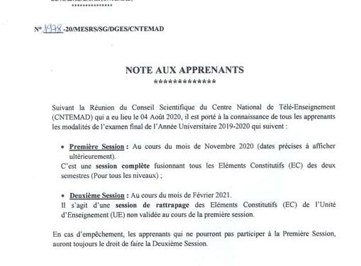 ENSEIGNEMENT SUPERIEUR – La première session des examens du CNTEMAD en Novembre