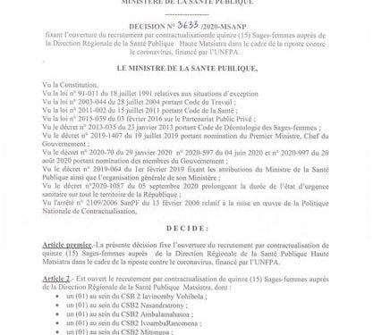 SANTE – Recrutement de sage-femmes formées au sein des instituts privés pour travailler pendant environ trois mois dans la Haute Matsiatra