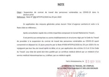 SECTEUR PRIVE – Les entreprises autorisées à suspendre les contrats de travail des personnes vulnérables à la Covid qui continuent de s’absenter