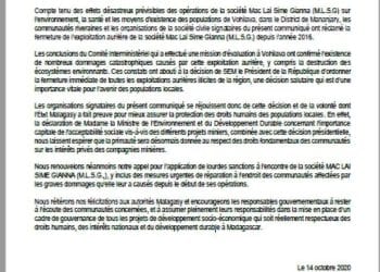 SECTEUR EXTRACTIF – Les organisations de la société civile se félicitent de la suspension du permis environnemental de la société qui exploite l’or de Vohilava