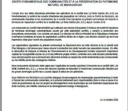 SECTEUR EXTRACTIF – Les organisations de la société civile se félicitent de la suspension du permis environnemental de la société qui exploite l&rsquo;or de Vohilava