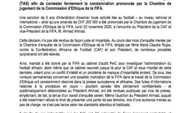 FOOTBALL – Ahmad conteste la sanction de la Fifa et dénonce une attaque contre l&rsquo;autodétermination du football en Afrique