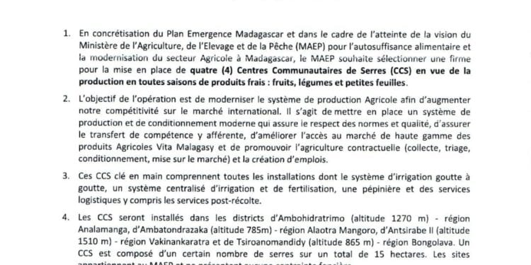 AGRICULTURE – Quatre centres communautaires de serres à construire afin d&rsquo;augmenter la compétitivité internationale de Madagascar