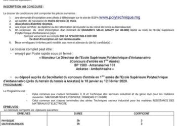ETUDES SUPERIEURES – Le  concours d&rsquo;entrée à l&rsquo;Ecole supérieure polytechnique d&rsquo;Antananarivo fixé au 17 et 18 Février