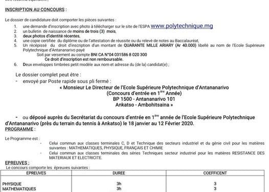ETUDES SUPERIEURES – Le  concours d&rsquo;entrée à l&rsquo;Ecole supérieure polytechnique d&rsquo;Antananarivo fixé au 17 et 18 Février