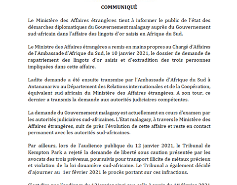 JUSTICE – Le ministère des Affaires étrangères assure que la demande malgache d&rsquo;extradition des trois prévenus dans l&rsquo;affaire d&rsquo;exportation illicite de 73,5 kilos d&rsquo;or n&rsquo;est pas liée à la procédure judiciaire menée en Afrique du Sud