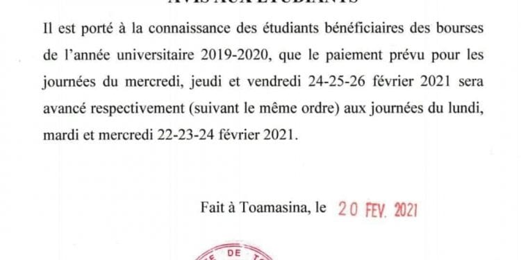ENSEIGNEMENT SUPERIEUR – La présidence de l’Université de Toamasina nie tout retard dans le paiement des allocations étudiantes mais avance de deux jours le calendrier de paiement d’un mois de bourses d’études