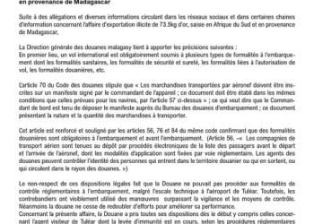 TRAFIC – La direction générale des douanes annonce une procédure contre un de ses agents dans l’affaire d’exportation illicite de 73,5 kilos d’or et martèle n’avoir effectué aucun contrôle à Ivato