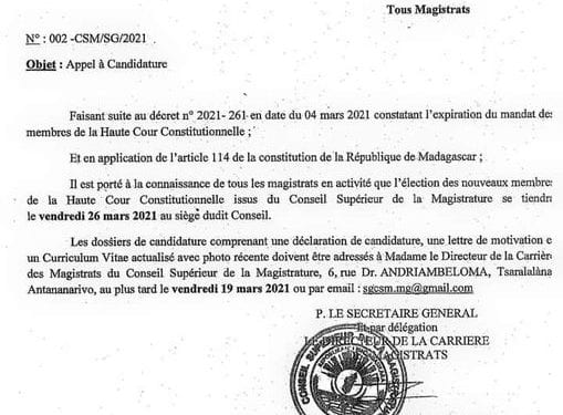 INSTITUTIONS – L&rsquo;élection des deux membres de la Haute cour constitutionnelle issus du Conseil supérieur de la magistrature prévue le 26 Mars