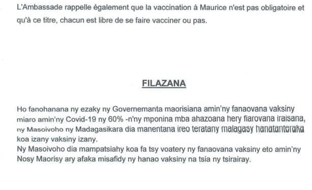 PANDEMIE – L’ambassade de Madagascar à Maurice encourage la diaspora malgache sur l’île à se faire vacciner