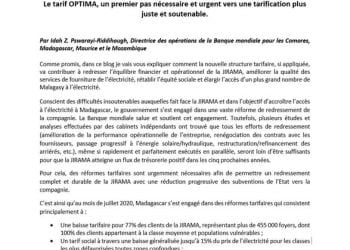 ENERGIE – « Le tarif Optima permet d’augmenter de 95 milliards d’ariary par an les recettes de la Jirama », estime la Banque mondiale