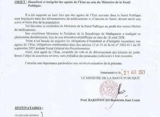 EPIDEMIE – Le ministère de la Santé publique entend appliquer des « sanctions sévères » à l’encontre des agents de l’Etat coupables de vols et de détournement des intrants de santé