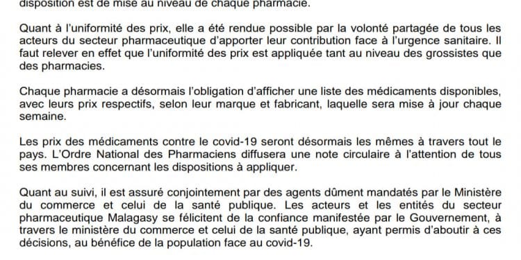 EPIDEMIE – Uniformisation des prix de sept médicaments anti-Covid-19 à travers tout le pays
