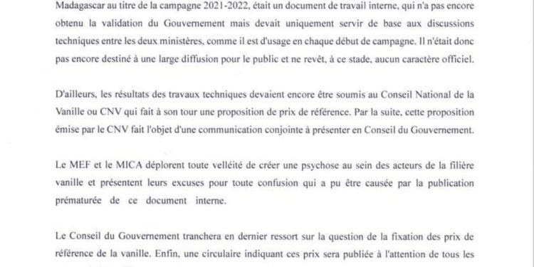 EXPORTATION – Les ministères en charge des Finances et du Commerce indiquent ne pas encore avoir tranché sur les différents prix de référence de la vanille pour la campagne 2021-2022