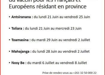 PREVENTION – L’ambassade de France démarre la campagne de vaccination en province à partir du 21 Juin, les ressortissants français et européens invités à prendre rendez-vous par téléphone à partir du 15 Juin