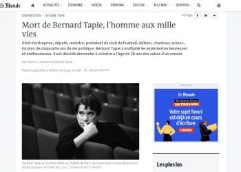 DISPARITION – Décès de Bernard Tapie, ancien ministre français et ancien propriétaire d&rsquo;Adidas et de l&rsquo;Olympique de Marseille, à 78 ans