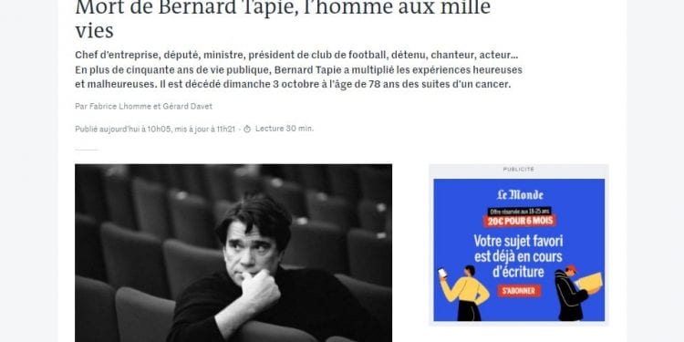 DISPARITION – Décès de Bernard Tapie, ancien ministre français et ancien propriétaire d&rsquo;Adidas et de l&rsquo;Olympique de Marseille, à 78 ans