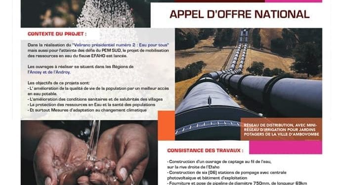 RAVITAILLEMENT – Le dernier délai de remise des offres pour la première phase des travaux de construction du pipeline d’Efaho vers Ambovombe fixé au 18 Novembre