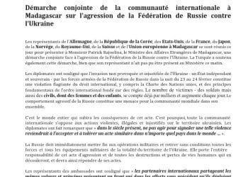 CONFLIT – L’Union européenne, la Corée, les Etats-Unis, la France, l&rsquo;Allemagne, le Japon, la Norvège, le Royaume-Uni, la Suisse encouragent Madagascar à condamner publiquement l’agression de la Russie contre l’Ukraine.