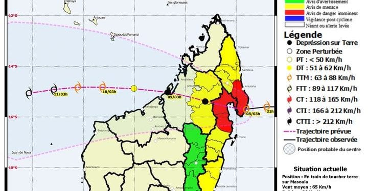 CYCLONE – La tempête tropicale Gombe atterrit ce matin autour du Cap Masoala, Antalaha, Maroantsetra et Mananara Avaratra placées en alerte rouge
