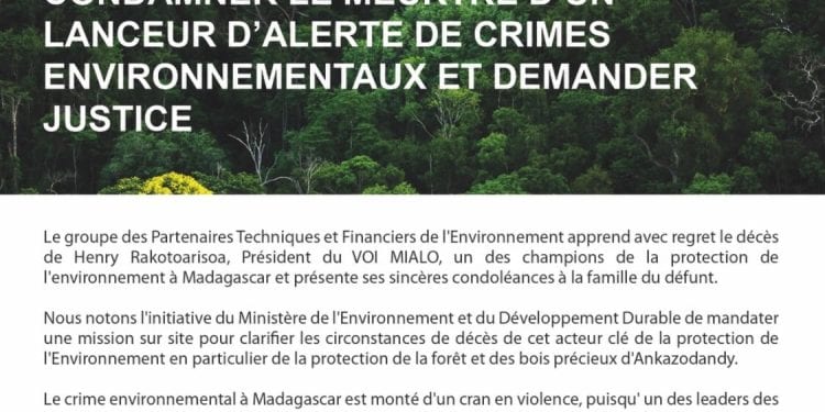 Communiqué conjoint de Partenaires Techniques et Financiers Environnement pour condamner le meurtre d’un lanceur d’alerte de crimes environnementaux et demander justice