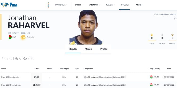 NATATION – Un nouveau record de Madagascar pour Jonathan Harivony Raharvel sur 50 mètres brasse à Budapest
