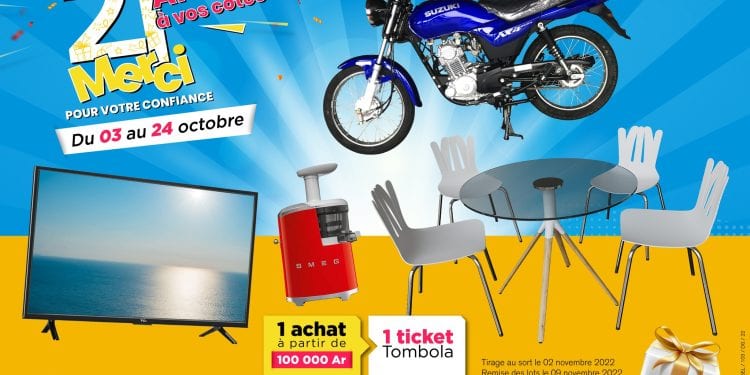 ????21 ans à vos côtés, merci pour votre confiance. Du 03 au 24 octobre 2022, participez à la grande tombola avec Bricoland et tentez de gagner l’un de ces lots lors du tirage au sort ! ????Effectuez un achat à partir de 100 000 Ar en magasin ou sur www.bricoland.mg et recevez votre ticket de participation !