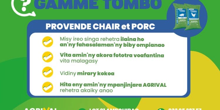 ???? PROVANDY TOMBO ho an&rsquo;ny kisoa sy ho an&rsquo;ny akoho fakàna nofo :  ➡️ Misy ireo singa rehetra ilaina ho an&rsquo;ny fahasalaman&rsquo;ny biby ompianao.  ➡️Vita amin&rsquo;ny akora fototra voafantina vita malagasy.  ➡️Vidiny mirary kokoa.  ➡️Hita eny amin&rsquo;ny mpanjinjara AGRIVAL rehetra akaiky anao.